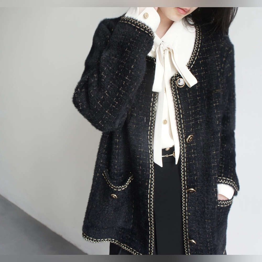 Elegant Black Tweed Women's Jacket chanel style